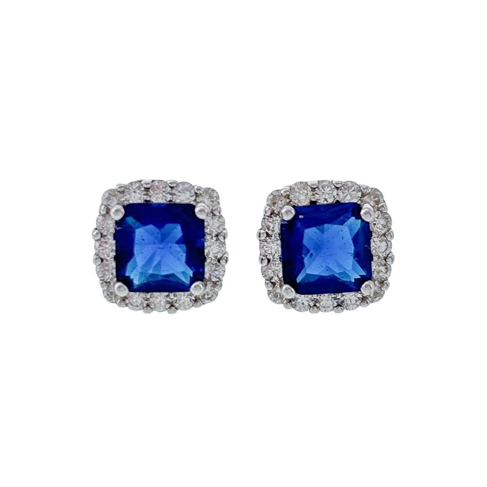 Vintage Sterling Silver 925 Blue Crystal Cubic Zirconia Framed Stud Earrings